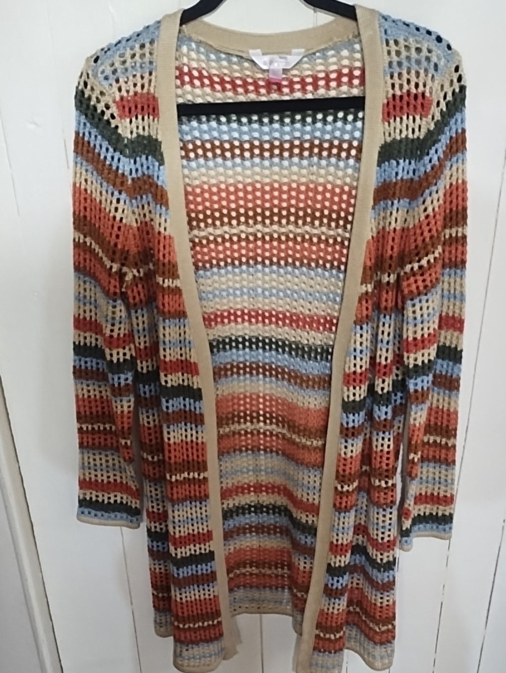 No Boundaries Multi-Color Open Knit Striped Long Cardigan VGC LG (11-13).